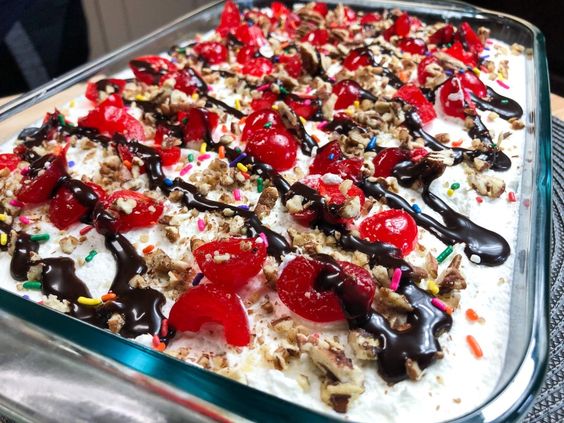 Serving and Enjoying Banana Split Cake